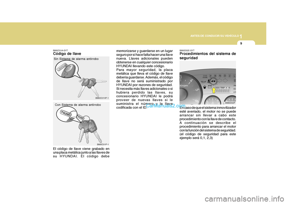 Hyundai H-1 (Grand Starex) 2004  Manual del propietario (in Spanish) 1
ANTES DE CONDUCIR SU VEHÍCULO
9
B880D02P
B880C01HP-1
B880C01P-1
B880C01A-GYT Código de llave El código de llave viene grabado en una placa metálica junto a las llaves de su HYUNDAI. El código d