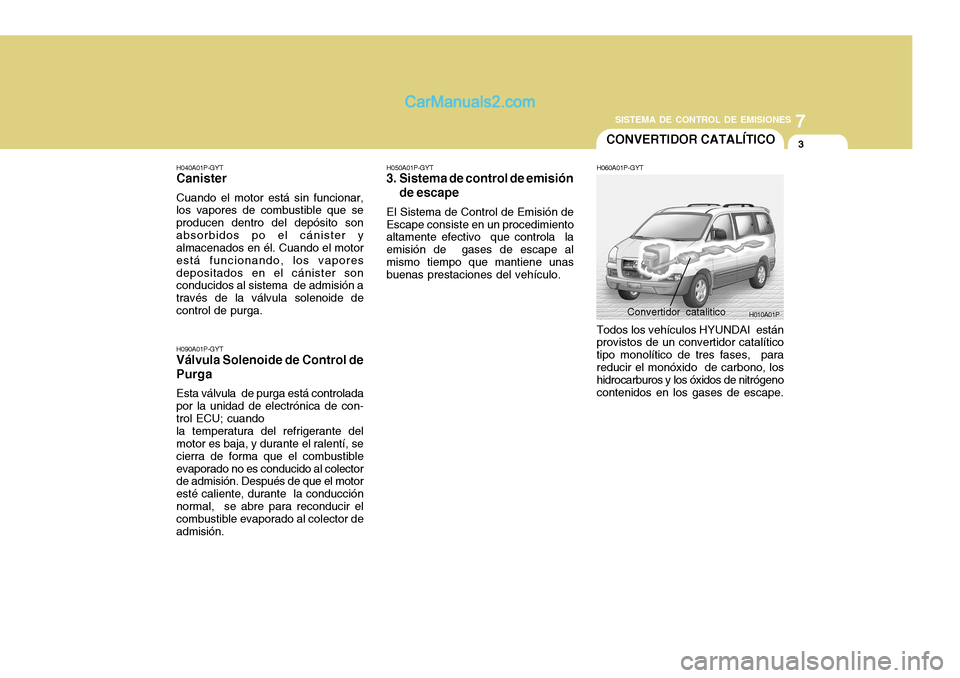 Hyundai H-1 (Grand Starex) 2004 Manual del propietario (in Spanish) 7
SISTEMA DE CONTROL DE EMISIONES
3
H010A01PConvertidor catalitico
CONVERTIDOR CATALÍTICO
H040A01P-GYT Canister Cuando el motor está sin funcionar, los vapores de combustible que se producen dentro Hyundai H-1 (Grand Starex) 2004 Manual del propietario (in Spanish) 7
SISTEMA DE CONTROL DE EMISIONES
3
H010A01PConvertidor catalitico
CONVERTIDOR CATALÍTICO
H040A01P-GYT Canister Cuando el motor está sin funcionar, los vapores de combustible que se producen dentro