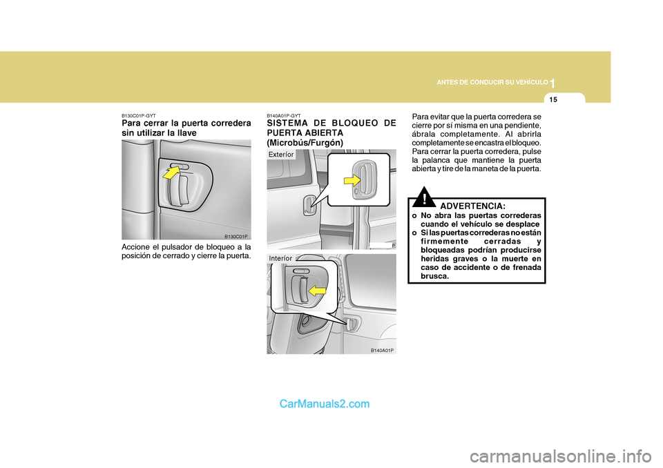 Hyundai H-1 (Grand Starex) 2004  Manual del propietario (in Spanish) 1
ANTES DE CONDUCIR SU VEHÍCULO
15
B140B01P
B140A01P
B130C01P
!
B140A01P-GYT SISTEMA DE BLOQUEO DE PUERTA ABIERTA
(Microbús/Furgón) Para evitar que la puerta corredera se cierre por sí misma en un