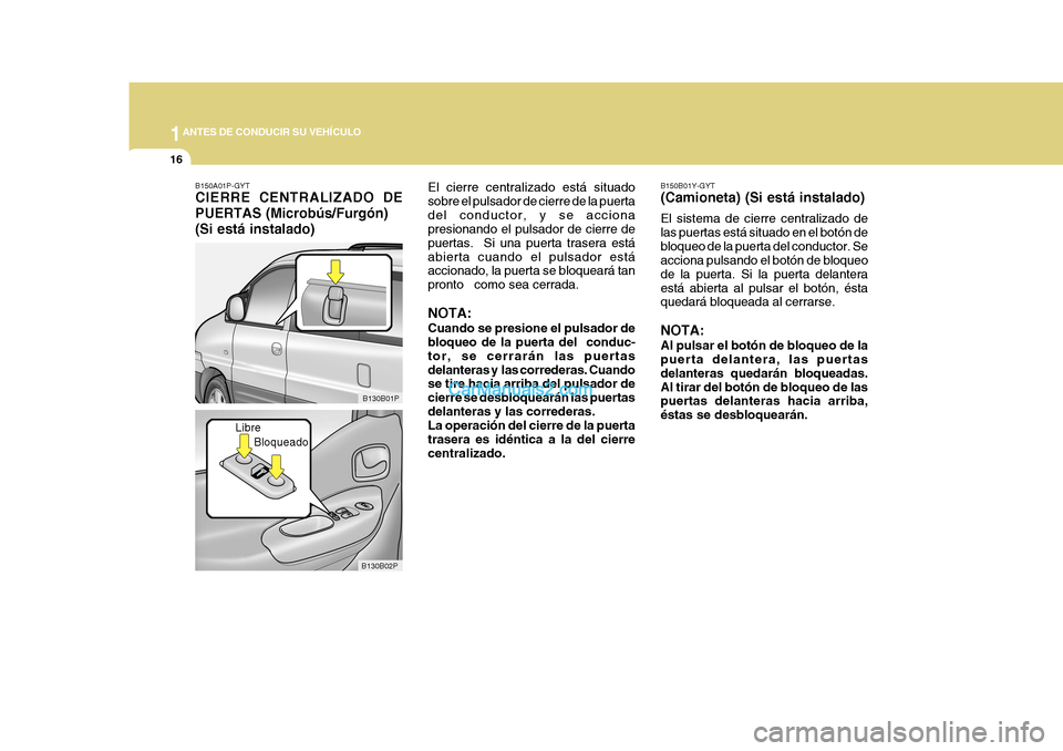 Hyundai H-1 (Grand Starex) 2004  Manual del propietario (in Spanish) 1ANTES DE CONDUCIR SU VEHÍCULO
16
B130B02P
B130B01P B150B01Y-GYT (Camioneta) (Si está instalado) El sistema de cierre centralizado de las puertas está situado en el botón debloqueo de la puerta de