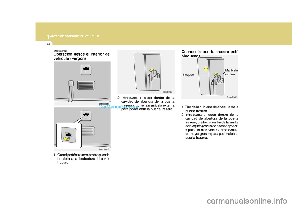 Hyundai H-1 (Grand Starex) 2004  Manual del propietario (in Spanish) 1ANTES DE CONDUCIR SU VEHÍCULO
22
B190B04P
B190B01P
B190B02P B190B03P
2. Introduzca el dedo dentro de la cavidad de abertura de la puerta trasera y pulse la manivela externa para poder abrir la puert