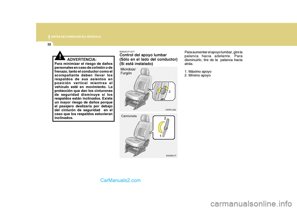 Hyundai H-1 (Grand Starex) 2004  Manual del propietario (in Spanish) 1ANTES DE CONDUCIR SU VEHÍCULO
32
Microbús/ Furgón
1HSRFL082
Camioneta
B260B01P2
1 2
B260A01P-GYT Control del apoyo lumbar (Sólo en el lado del conductor)(Si está instalado)
ADVERTENCIA:
Para min