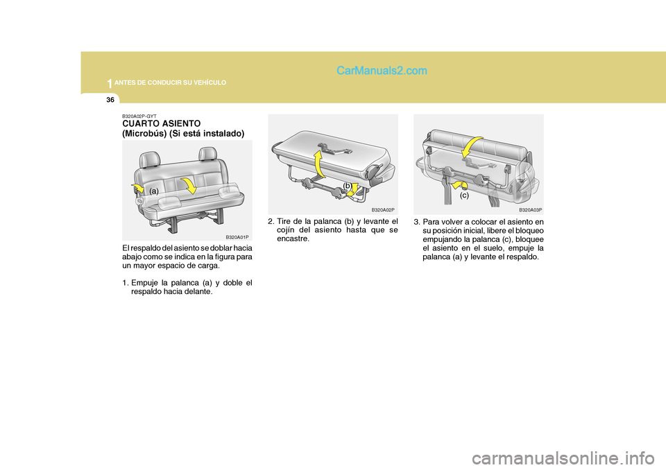 Hyundai H-1 (Grand Starex) 2004  Manual del propietario (in Spanish) 1ANTES DE CONDUCIR SU VEHÍCULO
36
B320A02P-GYT CUARTO ASIENTO (Microbús) (Si está instalado) El respaldo del asiento se doblar hacia abajo como se indica en la figura para un mayor espacio de carga