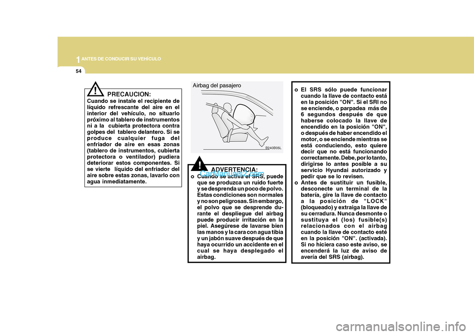 Hyundai H-1 (Grand Starex) 2004  Manual del propietario (in Spanish) 1ANTES DE CONDUCIR SU VEHÍCULO
54
B240B05L
!
!
PRECAUCION:
Cuando se instale el recipiente de líquido refrescante del aire en el interior del vehículo, no situarlopróximo al tablero de instrumento