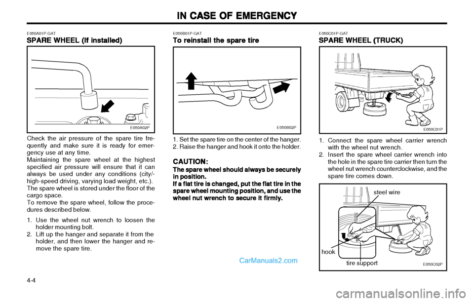Hyundai H-1 (Grand Starex) 2003  Owners Manual IN CASE OF EMERGENCY
IN CASE OF EMERGENCY IN CASE OF EMERGENCY
IN CASE OF EMERGENCY
IN CASE OF EMERGENCY
4-4
E050A01P-GAT SPARE WHEEL (If installed)
SPARE WHEEL (If installed) SPARE WHEEL (If installe