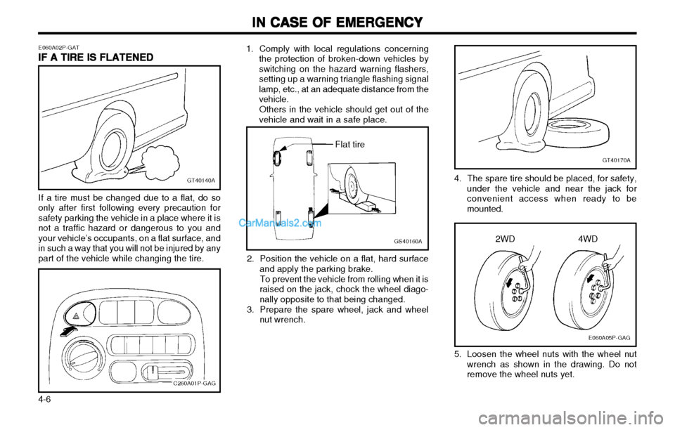Hyundai H-1 (Grand Starex) 2003 Owners Manual IN CASE OF EMERGENCY
IN CASE OF EMERGENCY IN CASE OF EMERGENCY
IN CASE OF EMERGENCY
IN CASE OF EMERGENCY
4-6
GS40160A
Flat tire
GT40170A
E060A05P-GAG
2WD 4WD
1. Comply with local regulations concernin Hyundai H-1 (Grand Starex) 2003 Owners Manual IN CASE OF EMERGENCY
IN CASE OF EMERGENCY IN CASE OF EMERGENCY
IN CASE OF EMERGENCY
IN CASE OF EMERGENCY
4-6
GS40160A
Flat tire
GT40170A
E060A05P-GAG
2WD 4WD
1. Comply with local regulations concernin