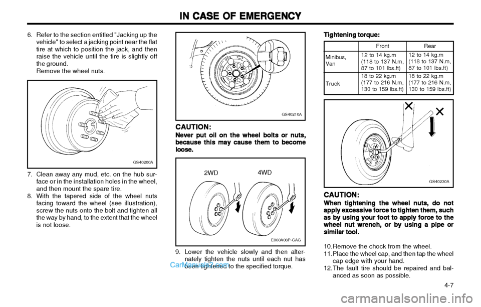 Hyundai H-1 (Grand Starex) 2003 User Guide IN CASE OF EMERGENCY
IN CASE OF EMERGENCY IN CASE OF EMERGENCY
IN CASE OF EMERGENCY
IN CASE OF EMERGENCY
  4-7
GS40210A
E060A08P-GAG
2WD4WD Tightening torque:
Tightening torque: Tightening torque:
Tig