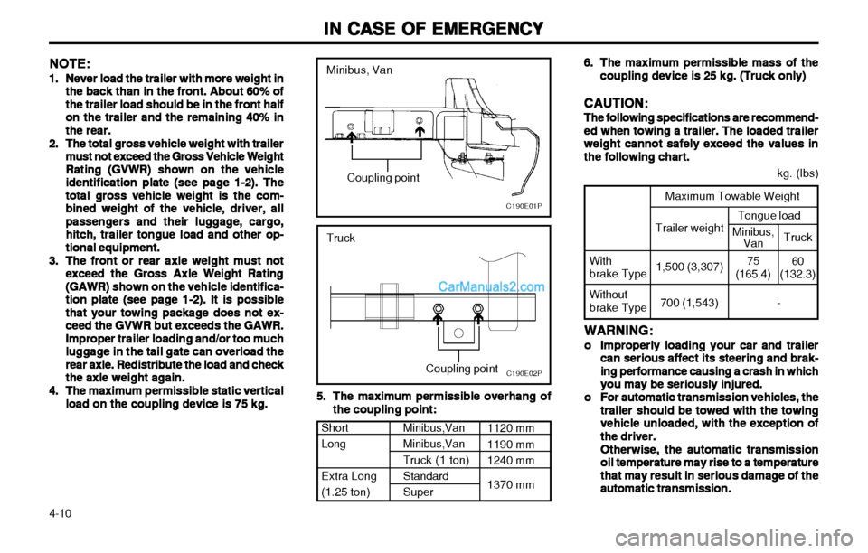 Hyundai H-1 (Grand Starex) 2003 User Guide IN CASE OF EMERGENCY
IN CASE OF EMERGENCY IN CASE OF EMERGENCY
IN CASE OF EMERGENCY
IN CASE OF EMERGENCY
4-10
C190E01P
�
�
Coupling point
5.5.
5.5.
5.
The maximum permissible overhang of
The maximum p