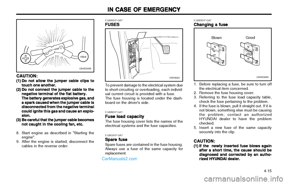 Hyundai H-1 (Grand Starex) 2003  Owners Manual IN CASE OF EMERGENCY
IN CASE OF EMERGENCY IN CASE OF EMERGENCY
IN CASE OF EMERGENCY
IN CASE OF EMERGENCY
  4-15
E120A01P-GATFUSES
FUSES FUSES
FUSES
FUSES
HSR4021
To prevent damage to the electrical sy
