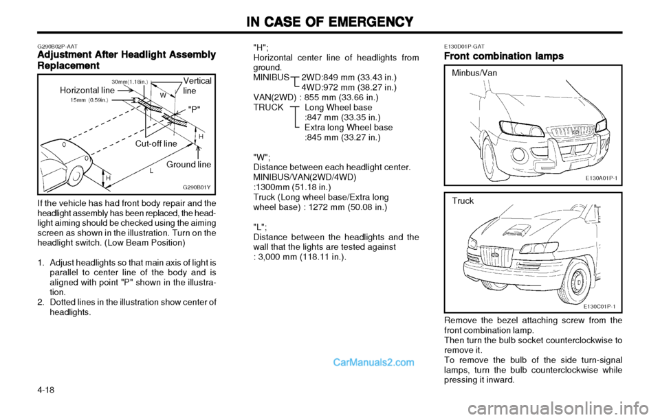 Hyundai H-1 (Grand Starex) 2003  Owners Manual IN CASE OF EMERGENCY
IN CASE OF EMERGENCY IN CASE OF EMERGENCY
IN CASE OF EMERGENCY
IN CASE OF EMERGENCY
4-18 E130D01P-GAT
Front combination lamps
Front combination lamps Front combination lamps
Front