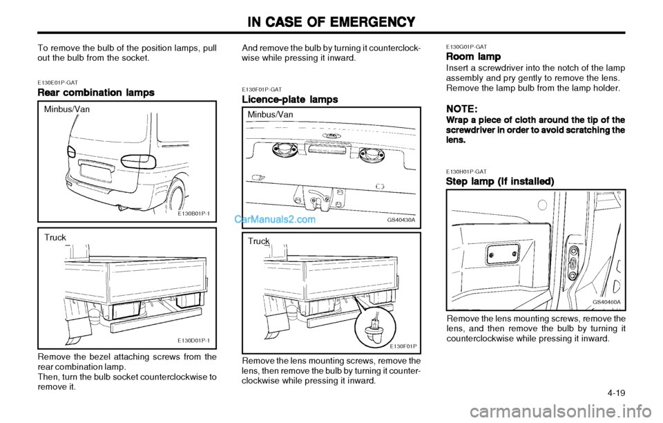 Hyundai H-1 (Grand Starex) 2003  Owners Manual IN CASE OF EMERGENCY
IN CASE OF EMERGENCY IN CASE OF EMERGENCY
IN CASE OF EMERGENCY
IN CASE OF EMERGENCY
  4-19
GS40460A
E130H01P-GAT
Step lamp (If installed)
Step lamp (If installed) Step lamp (If in