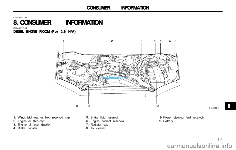 Hyundai H-1 (Grand Starex) 2003  Owners Manual   8-1
CONSUMER INFORMATION
CONSUMER INFORMATION CONSUMER INFORMATION
CONSUMER INFORMATION
CONSUMER INFORMATION
1. Windshield washer fluid reservoir cap 
2. Engine oil filler cap
3. Engine oil level di