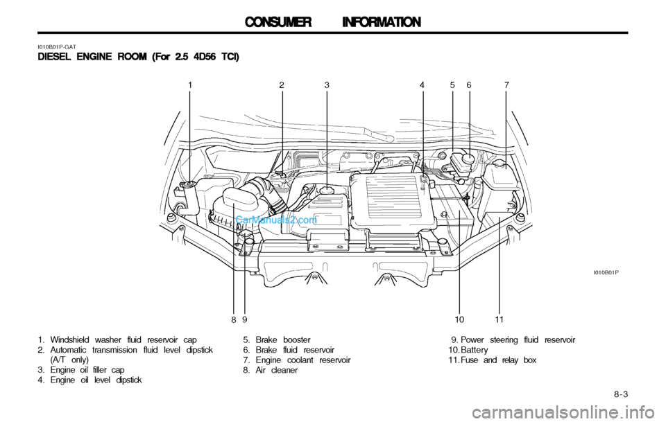 Hyundai H-1 (Grand Starex) 2003  Owners Manual   8-3
CONSUMER INFORMATION
CONSUMER INFORMATION CONSUMER INFORMATION
CONSUMER INFORMATION
CONSUMER INFORMATION
I010B01P
1. Windshield washer fluid reservoir cap 
2. Automatic transmission fluid level 