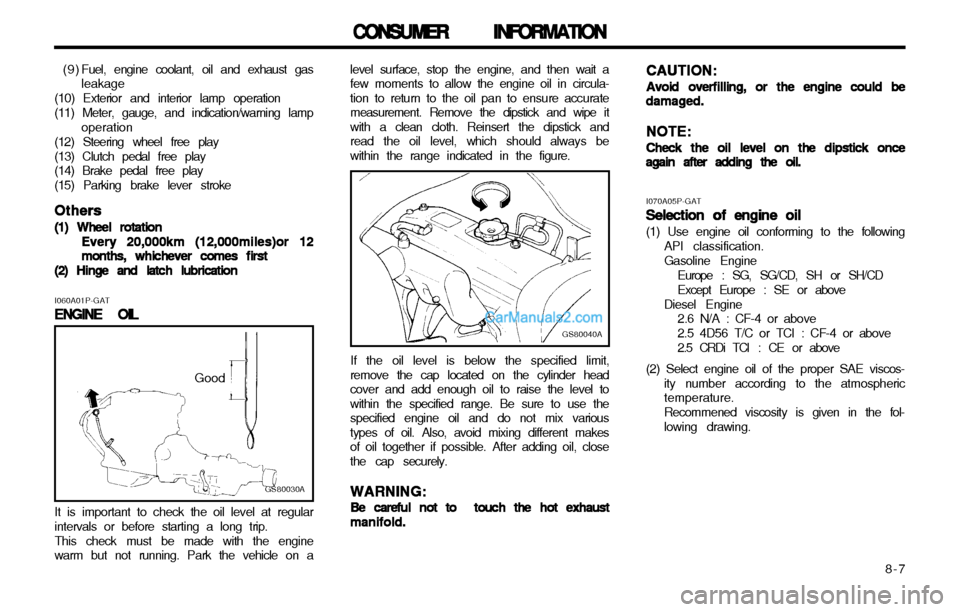 Hyundai H-1 (Grand Starex) 2003  Owners Manual   8-7
CONSUMER INFORMATION
CONSUMER INFORMATION CONSUMER INFORMATION
CONSUMER INFORMATION
CONSUMER INFORMATION
  ( 9 ) Fuel, engine coolant, oil and exhaust gas leakage
(10) Exterior and interior lamp