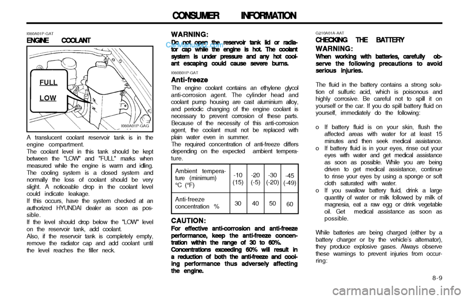 Hyundai H-1 (Grand Starex) 2003  Owners Manual   8-9
CONSUMER INFORMATION
CONSUMER INFORMATION CONSUMER INFORMATION
CONSUMER INFORMATION
CONSUMER INFORMATION
G210A01A-AATCHECKING THE BATTERY
CHECKING THE BATTERY CHECKING THE BATTERY
CHECKING THE B