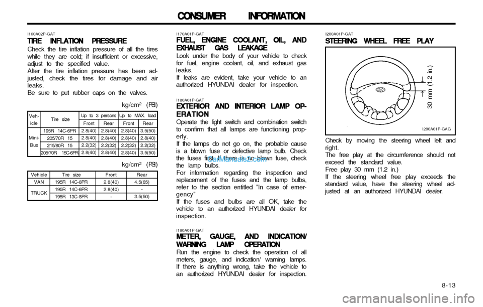 Hyundai H-1 (Grand Starex) 2003  Owners Manual   8-13
CONSUMER INFORMATION
CONSUMER INFORMATION CONSUMER INFORMATION
CONSUMER INFORMATION
CONSUMER INFORMATION
I200A01P-GAG
�
�
30 mm (1.2 in.)
I200A01P-GAT
STEERING WHEEL FREE PLAY
STEERING WHEEL FR