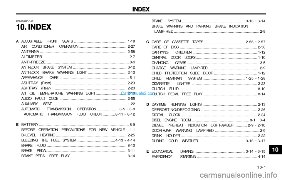 Hyundai H-1 (Grand Starex) 2003 Service Manual 10-1
INDEX
INDEX INDEX
INDEX
INDEX
BRAKE SYSTEM ....................................................................... 3-13 ~ 3-14
BRAKE WARNING AND PARKING BRAKE INDICATION
LAMP-RED ................