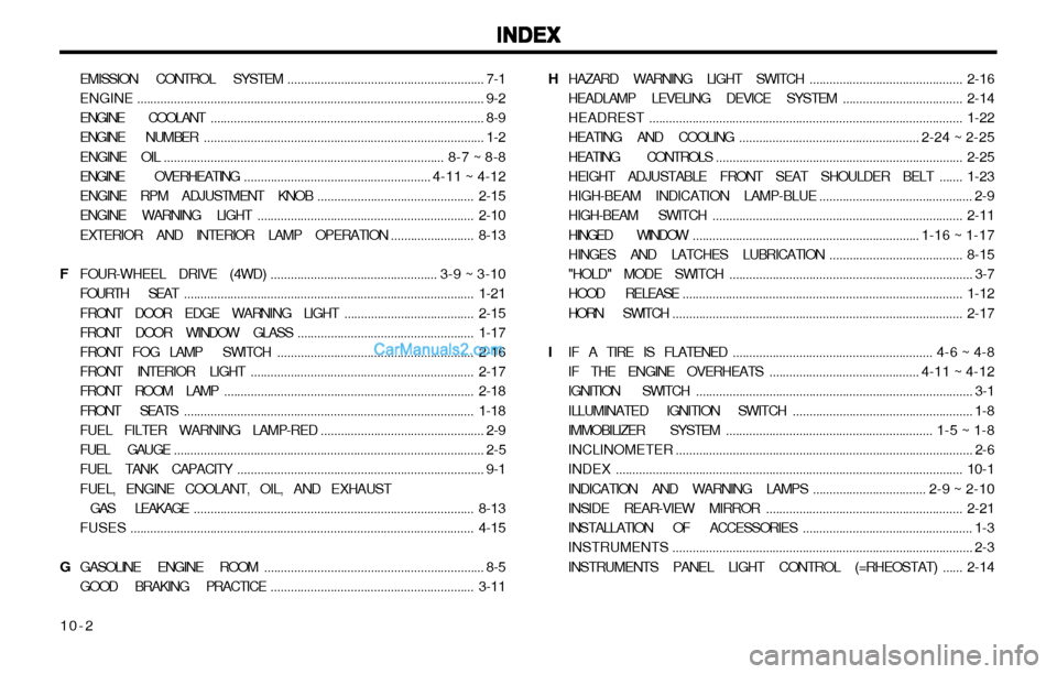 Hyundai H-1 (Grand Starex) 2003 Service Manual INDEX
INDEX INDEX
INDEX
INDEX
10-2 EMISSION CONTROL SYSTEM
........................................................... 7-1
ENGINE ......................................................................