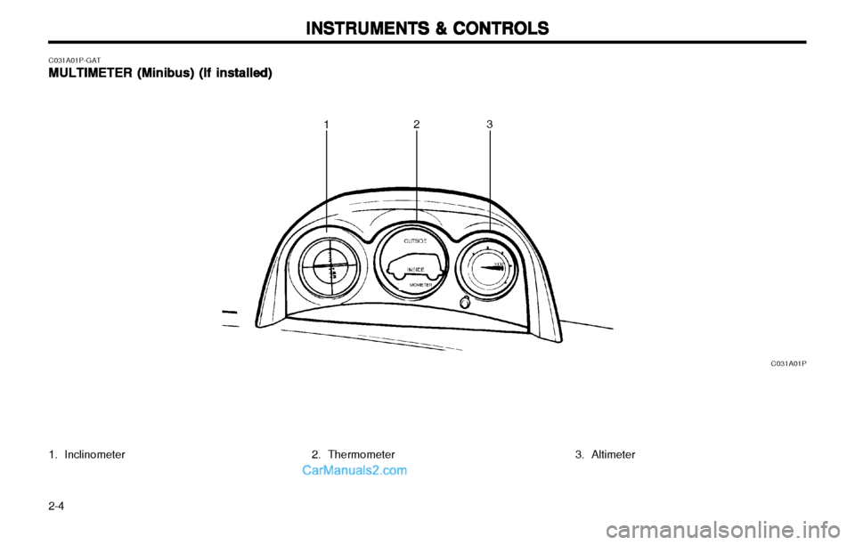 Hyundai H-1 (Grand Starex) 2003 Service Manual INSTRUMENTS & CONTROLS
INSTRUMENTS & CONTROLS INSTRUMENTS & CONTROLS
INSTRUMENTS & CONTROLS
INSTRUMENTS & CONTROLS
2-4
C031A01P-GAT MULTIMETER (M
MULTIMETER (M MULTIMETER (M
MULTIMETER (M
MULTIMETER (