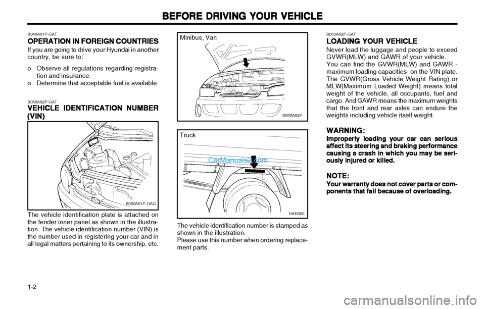 Hyundai H-1 (Grand Starex) 2003  Owners Manual BEFORE DRIVING YOUR VEHICLE
BEFORE DRIVING YOUR VEHICLE BEFORE DRIVING YOUR VEHICLE
BEFORE DRIVING YOUR VEHICLE
BEFORE DRIVING YOUR VEHICLE
1-2
B040A01P-GAT OPERATION IN FOREIGN COUNTRIES
OPERATION IN