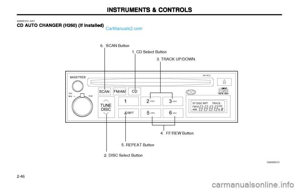 Hyundai H-1 (Grand Starex) 2003 Manual Online INSTRUMENTS & CONTROLS
INSTRUMENTS & CONTROLS INSTRUMENTS & CONTROLS
INSTRUMENTS & CONTROLS
INSTRUMENTS & CONTROLS
2-46
B260E01E-AAT CD AUTO CHANGER (H260) (If 
CD AUTO CHANGER (H260) (If  CD AUTO CHA