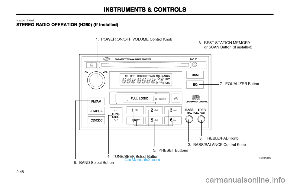 Hyundai H-1 (Grand Starex) 2003 Manual Online INSTRUMENTS & CONTROLS
INSTRUMENTS & CONTROLS INSTRUMENTS & CONTROLS
INSTRUMENTS & CONTROLS
INSTRUMENTS & CONTROLS
2-48 H290A01E-GAT
STEREO RADIO OPERATION (H280) (If 
STEREO RADIO OPERATION (H280) (I