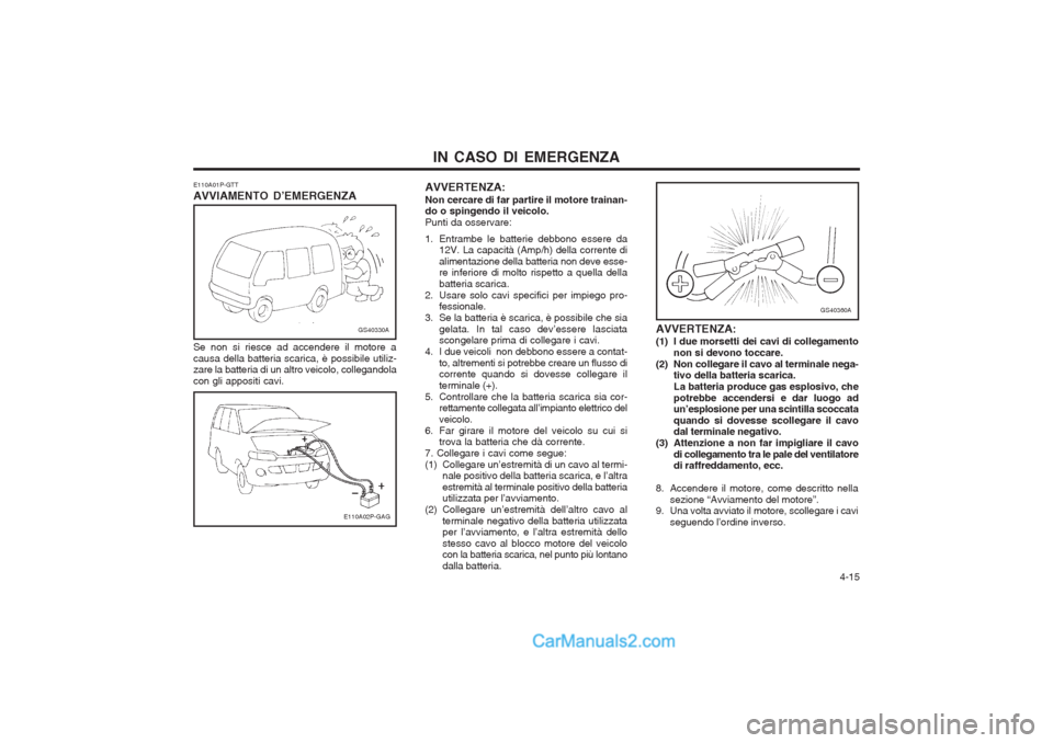 Hyundai H-1 (Grand Starex) 2003 Manuale del proprietario (in Italian) 4-15
IN CASO DI EMERGENZA
E110A01P-GTT AVVIAMENTO D’EMERGENZA
GS40330A
Se non si riesce ad accendere il motore a causa della batteria scarica, è possibile utiliz- zare la batteria di un altro vei Hyundai H-1 (Grand Starex) 2003 Manuale del proprietario (in Italian) 4-15
IN CASO DI EMERGENZA
E110A01P-GTT AVVIAMENTO D’EMERGENZA
GS40330A
Se non si riesce ad accendere il motore a causa della batteria scarica, è possibile utiliz- zare la batteria di un altro vei