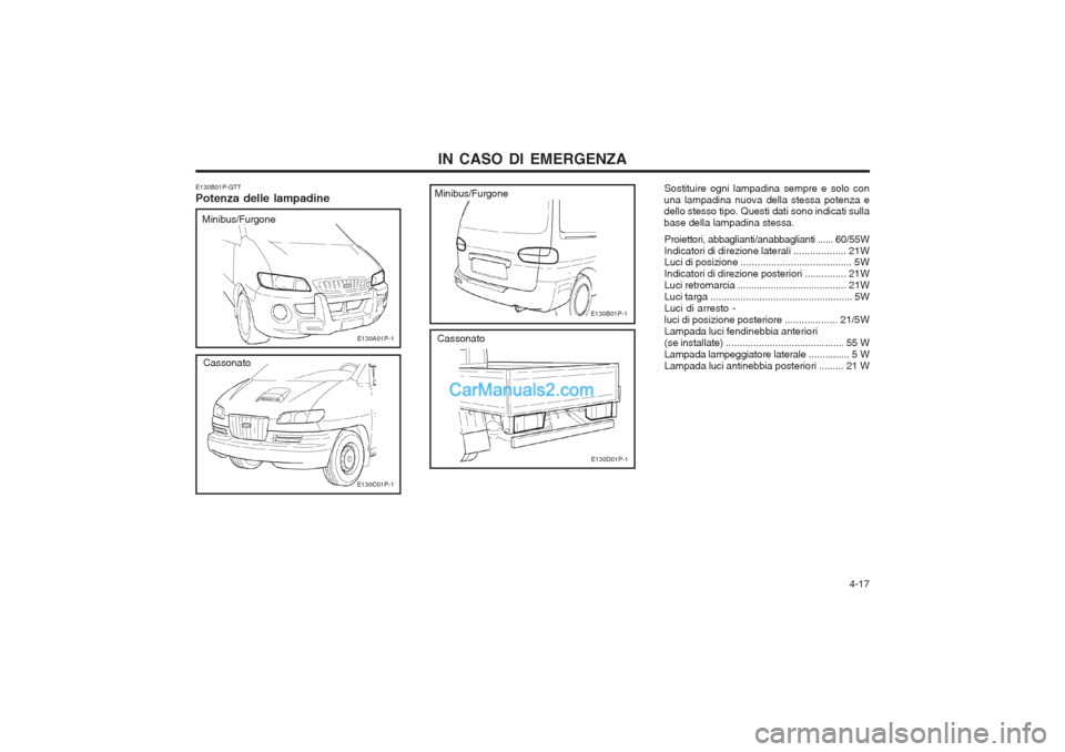 Hyundai H-1 (Grand Starex) 2003  Manuale del proprietario (in Italian)   4-17
IN CASO DI EMERGENZA
Sostituire ogni lampadina sempre e solo con
una lampadina nuova della stessa potenza e dello stesso tipo. Questi dati sono indicati sulla base della lampadina stessa.
Proie