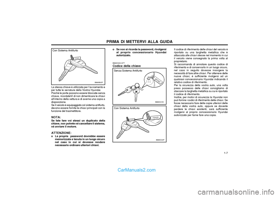 Hyundai H-1 (Grand Starex) 2003  Manuale del proprietario (in Italian)   1-7
PRIMA DI METTERVI ALLA GUIDA
La stessa chiave è utilizzata per lavviamento e
per tutte le serrature della Vostra Hyundai.
Poichè le porte possono essere bloccate senza
chiave, ricordateVi di 