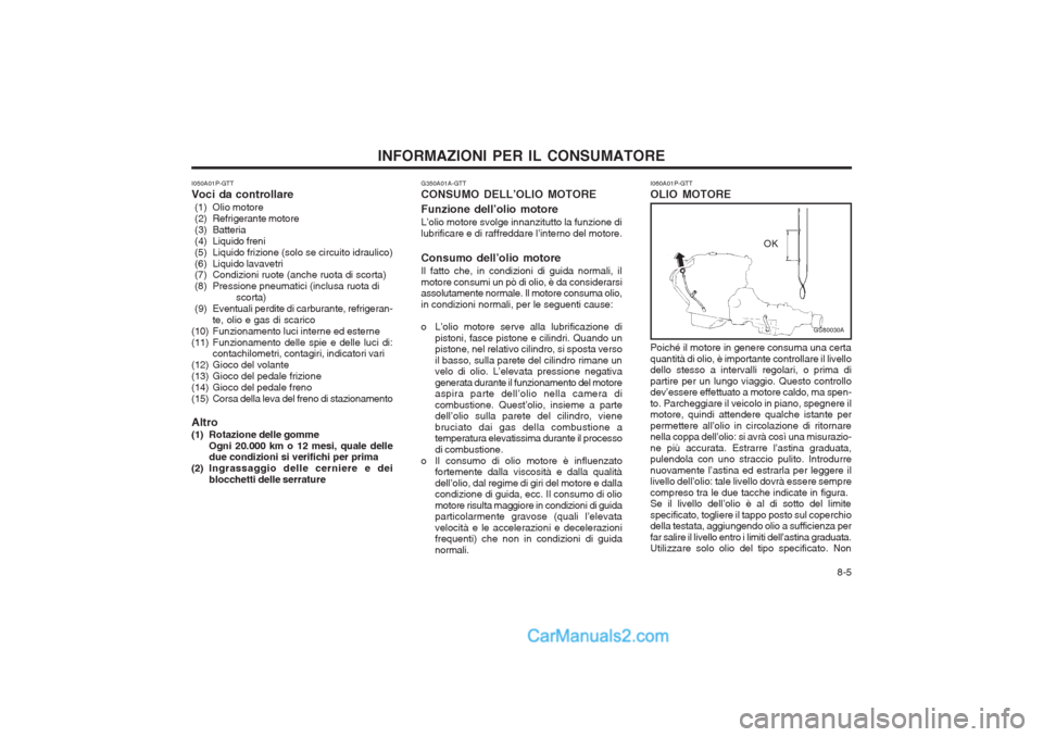 Hyundai H-1 (Grand Starex) 2003  Manuale del proprietario (in Italian)   8-5
INFORMAZIONI PER IL CONSUMATORE
I060A01P-GTT OLIO MOTORE
I050A01P-GTTVoci da controllare
 (1) Olio motore 
 (2) Refrigerante motore
 (3) Batteria
 (4) Liquido freni
  (5) Liquido frizione (solo 