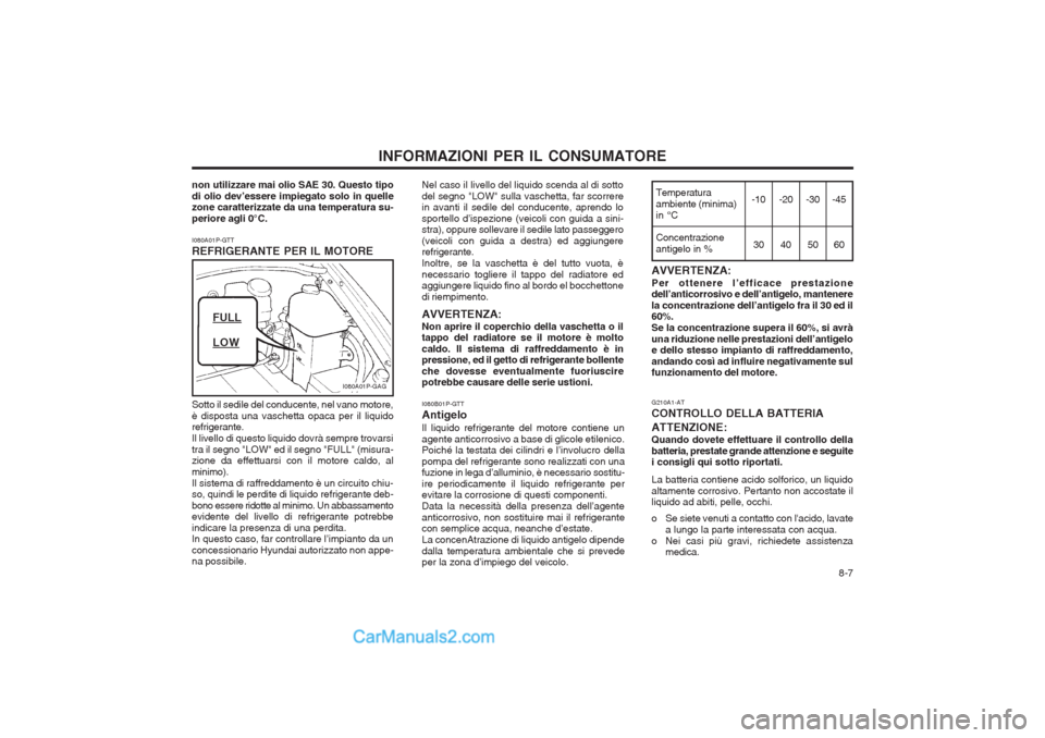 Hyundai H-1 (Grand Starex) 2003  Manuale del proprietario (in Italian)   8-7
INFORMAZIONI PER IL CONSUMATORE
I080A01P-GTT REFRIGERANTE PER IL MOTORE
I080A01P-GAG
FULL
LOW Nel caso il livello del liquido scenda al di sotto del segno "LOW" sulla vaschetta, far scorrere in 