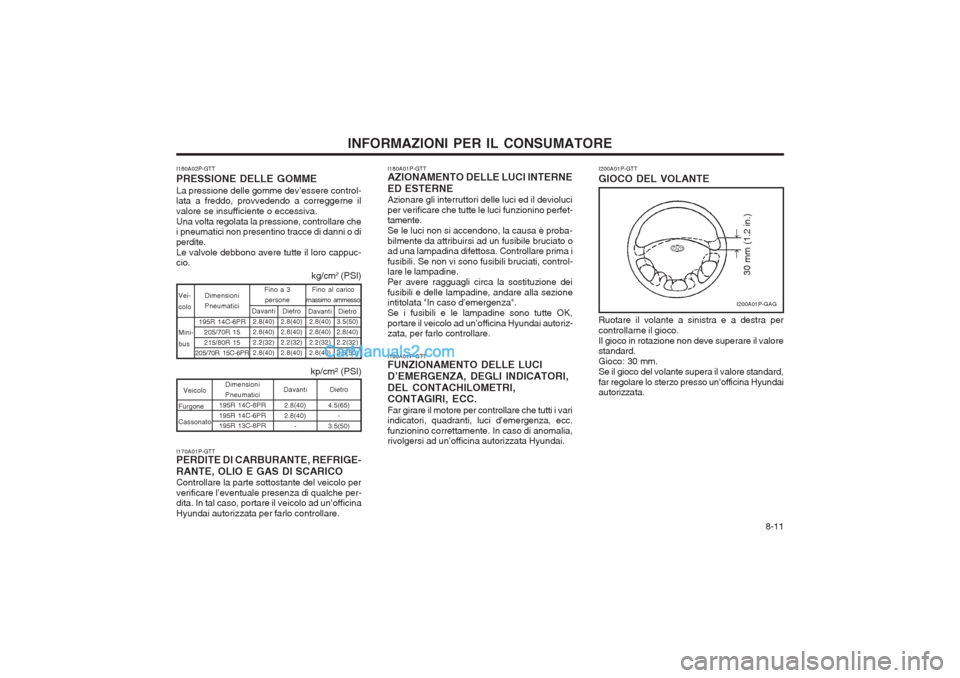 Hyundai H-1 (Grand Starex) 2003  Manuale del proprietario (in Italian)   8-11
INFORMAZIONI PER IL CONSUMATORE
I160A02P-GTT PRESSIONE DELLE GOMMELa pressione delle gomme dev’essere control- lata a freddo, provvedendo a correggerne il valore se insufficiente o eccessiva.