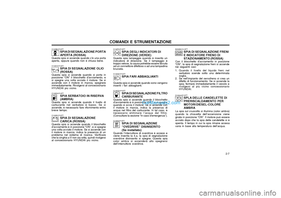 Hyundai H-1 (Grand Starex) 2003  Manuale del proprietario (in Italian)   2-7
COMANDI E STRUMENTAZIONE
C130B01P-GTT
SPIA DI SEGNALAZIONE PORTA APERTA (ROSSA)
Questa spia si accende quando c’è una porta
aperta, oppure quando non è chiusa bene.
C130C01P-GTT SPIA DI SEGN
