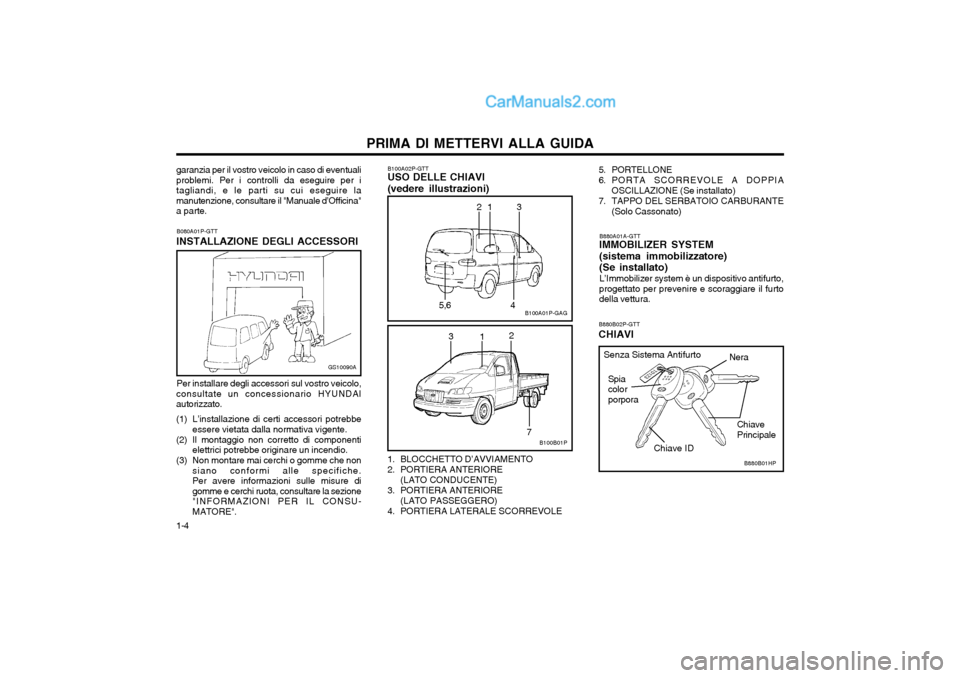 Hyundai H-1 (Grand Starex) 2003  Manuale del proprietario (in Italian) PRIMA DI METTERVI ALLA GUIDA
1-4 B880B02P-GTT
CHIAVI
B100A02P-GTT
USO DELLE CHIAVI (vedere illustrazioni)
B100A01P-GAG
23
5,6 1
4
1. BLOCCHETTO D’AVVIAMENTO 
2. PORTIERA ANTERIORE (LATO CONDUCENTE)
