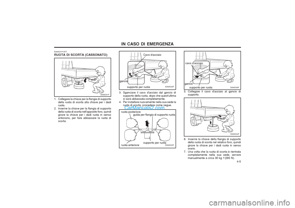 Hyundai H-1 (Grand Starex) 2003 Manuale del proprietario (in Italian) 4-5
IN CASO DI EMERGENZA
E050C01P-GTT RUOTA DI SCORTA (CASSONATO)
E050C01P
E050C02P
Cavo dacciaio
gancio
supporto per ruota
1. Collegare la chiave per la flangia di supportodella ruota di scorta al Hyundai H-1 (Grand Starex) 2003 Manuale del proprietario (in Italian) 4-5
IN CASO DI EMERGENZA
E050C01P-GTT RUOTA DI SCORTA (CASSONATO)
E050C01P
E050C02P
Cavo dacciaio
gancio
supporto per ruota
1. Collegare la chiave per la flangia di supportodella ruota di scorta al