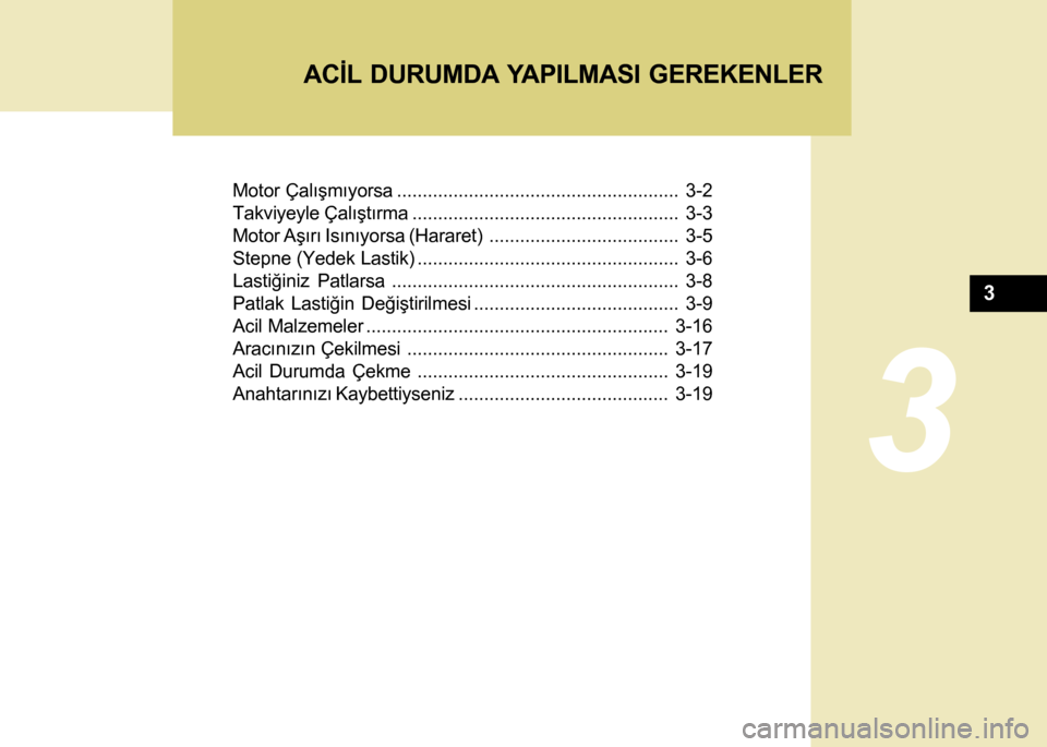 Hyundai H-100 2016 Kullanım Kılavuzu (in Turkish) 3
Motor Çalýþmýyorsa....................................................... 3-2
Takviyeyle Çalýþtýrma .................................................... 3-3
Motor Aþýrý Isýnýyorsa (Hara Hyundai H-100 2016 Kullanım Kılavuzu (in Turkish) 3
Motor Çalýþmýyorsa....................................................... 3-2
Takviyeyle Çalýþtýrma .................................................... 3-3
Motor Aþýrý Isýnýyorsa (Hara