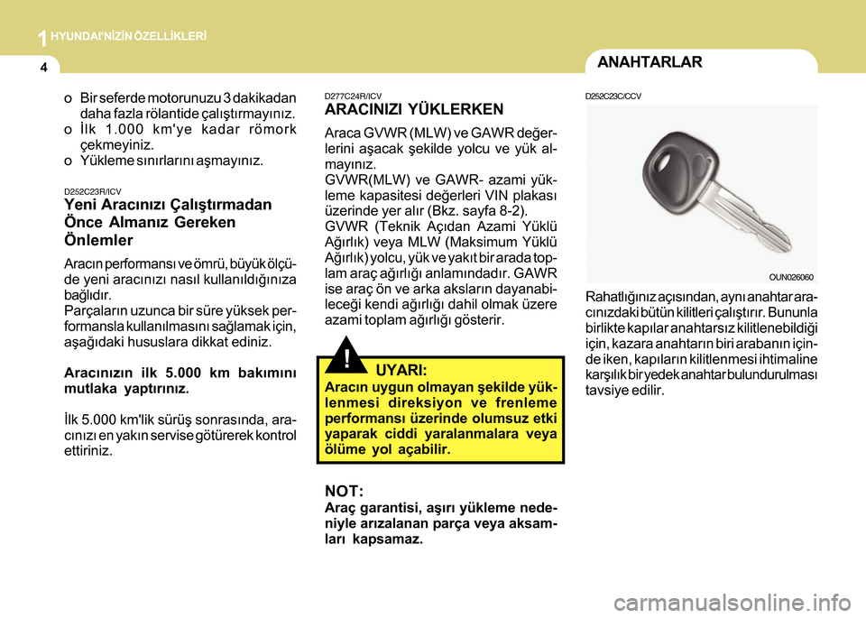 Hyundai H-100 2016 Kullanım Kılavuzu (in Turkish) 1HYUNDAINÝZÝN ÖZELLÝKLERÝ
4ANAHTARLAR
B030A01A-AAT
Rahatlýðýnýz açýsýndan, ayný anahtar ara-
cýnýzdaki bütün kilitleri çalýþtýrýr. Bununla\
birlikte kapýlar anahtarsýz kilitl Hyundai H-100 2016 Kullanım Kılavuzu (in Turkish) 1HYUNDAINÝZÝN ÖZELLÝKLERÝ
4ANAHTARLAR
B030A01A-AAT
Rahatlýðýnýz açýsýndan, ayný anahtar ara-
cýnýzdaki bütün kilitleri çalýþtýrýr. Bununla\
birlikte kapýlar anahtarsýz kilitl
