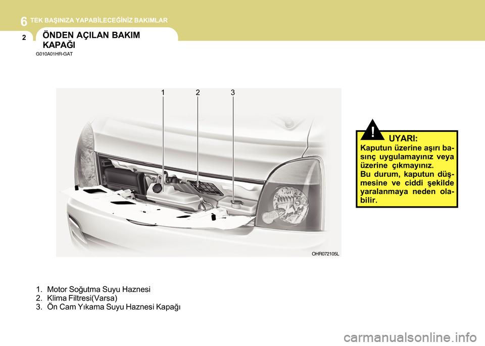 Hyundai H-100 2016 Kullanım Kılavuzu (in Turkish) 6 TEK BAÞINIZA YAPABÝLECEÐÝNÝZ BAKIMLAR
2
!
ÖNDEN AÇILAN BAKIM
KAPAÐI
G010A01HR-GAT
1. Motor Soðutma Suyu Haznesi
2. Klima Filtresi(Varsa)
3. Ön Cam Yýkama Suyu Haznesi Kapaðý
UYARI:
Kapu Hyundai H-100 2016 Kullanım Kılavuzu (in Turkish) 6 TEK BAÞINIZA YAPABÝLECEÐÝNÝZ BAKIMLAR
2
!
ÖNDEN AÇILAN BAKIM
KAPAÐI
G010A01HR-GAT
1. Motor Soðutma Suyu Haznesi
2. Klima Filtresi(Varsa)
3. Ön Cam Yýkama Suyu Haznesi Kapaðý
UYARI:
Kapu