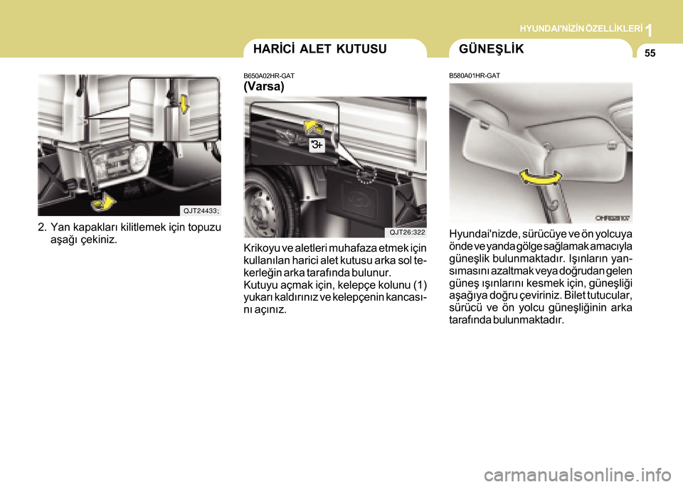 Hyundai H-100 2016 Kullanım Kılavuzu (in Turkish) 1HYUNDAINÝZÝN ÖZELLÝKLERÝ
55HARÝCÝ ALET KUTUSU
B650A02HR-GAT
(Varsa)
Krikoyu ve aletleri muhafaza etmek için
kullanýlan harici alet kutusu arka sol te-
kerleðin arka tarafýnda bulunur.
Kut Hyundai H-100 2016 Kullanım Kılavuzu (in Turkish) 1HYUNDAINÝZÝN ÖZELLÝKLERÝ
55HARÝCÝ ALET KUTUSU
B650A02HR-GAT
(Varsa)
Krikoyu ve aletleri muhafaza etmek için
kullanýlan harici alet kutusu arka sol te-
kerleðin arka tarafýnda bulunur.
Kut