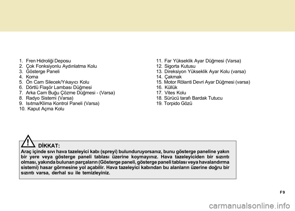 Hyundai H-100 2016  Kullanım Kılavuzu (in Turkish) F9
1. Fren Hidroliði Deposu
2. Çok Fonksiyonlu Aydýnlatma Kolu
3. Gösterge Paneli
4. Korna
5. Ön Cam Silecek/Yýkayýcý Kolu
6. Dörtlü Flaþör Lambasý Düðmesi
7. Arka Cam Buðu Çözme Dü