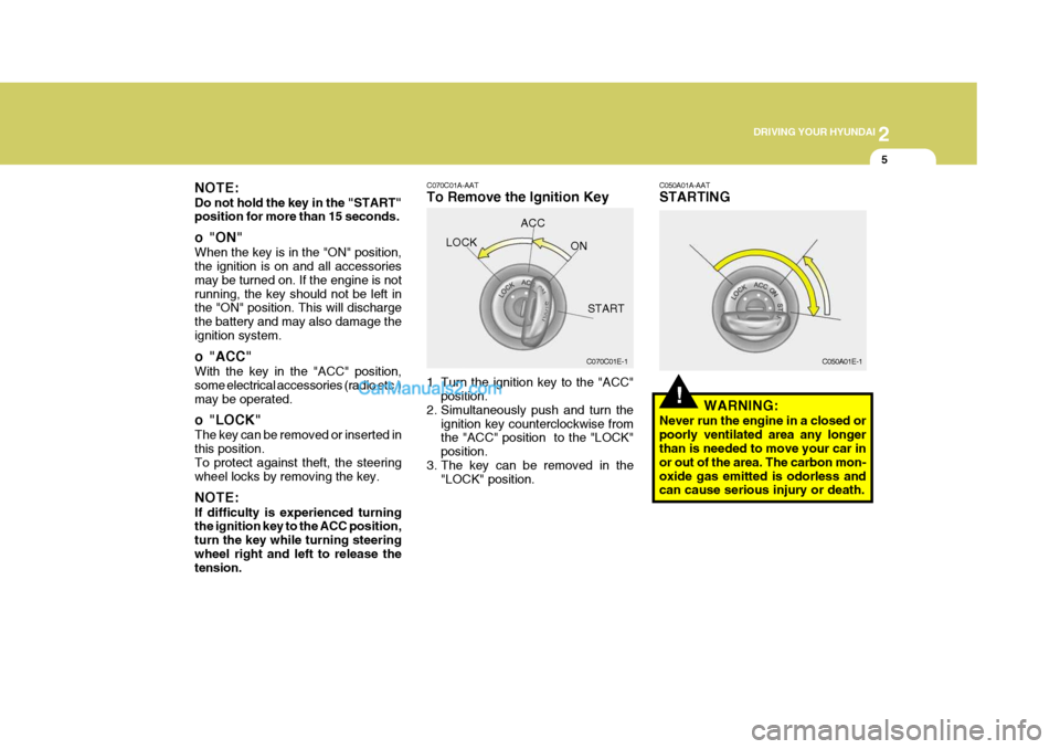 Hyundai H-100 Truck 2012  Owners Manual 2
 DRIVING YOUR HYUNDAI
5
C070C01A-AAT 
To Remove the Ignition Key 
1. Turn the ignition key to the "ACC"
position.
2. Simultaneously push and turn the
ignition key counterclockwise from the "ACC" pos