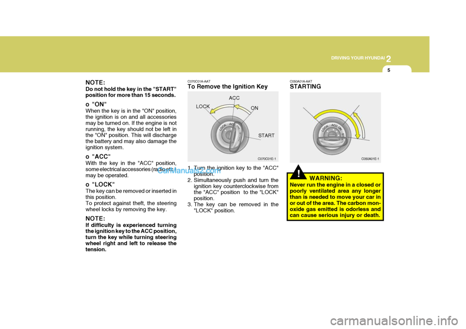 Hyundai H-100 Truck 2012 Owners Manual 2
DRIVING YOUR HYUNDAI
5
C070C01A-AAT
To Remove the Ignition Key
1. Turn the ignition key to the "ACC"
position.
2. Simultaneously push and turn the
ignition key counterclockwise from the "ACC" pos Hyundai H-100 Truck 2012 Owners Manual 2
DRIVING YOUR HYUNDAI
5
C070C01A-AAT
To Remove the Ignition Key
1. Turn the ignition key to the "ACC"
position.
2. Simultaneously push and turn the
ignition key counterclockwise from the "ACC" pos