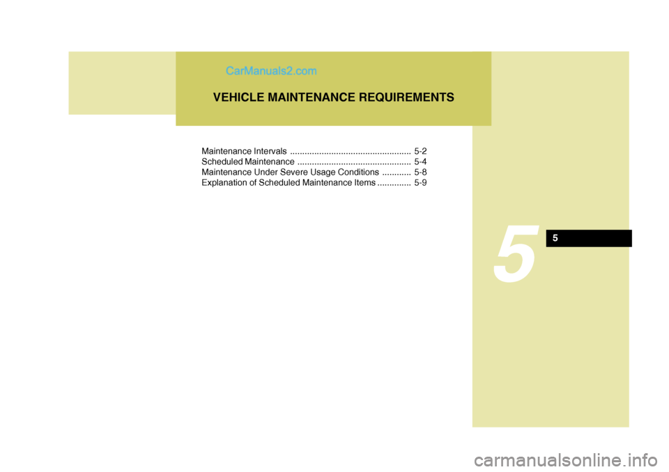 Hyundai H-100 Truck 2012  Owners Manual Maintenance Intervals .................................................. 5-2 
Scheduled Maintenance ............................................... 5-4
Maintenance Under Severe Usage Conditions ......