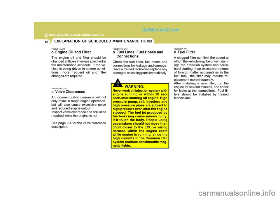 Hyundai H-100 Truck 2012 Owners Manual 5VEHICLE MAINTENANCE REQUIREMENTS
10
!
EXPLANATION OF SCHEDULED MAINTENANCE ITEMS
F060M01A-AAT
o Engine Oil and Filter
The engine oil and filter should be
changed at those intervals specified in the m Hyundai H-100 Truck 2012 Owners Manual 5VEHICLE MAINTENANCE REQUIREMENTS
10
!
EXPLANATION OF SCHEDULED MAINTENANCE ITEMS
F060M01A-AAT
o Engine Oil and Filter
The engine oil and filter should be
changed at those intervals specified in the m