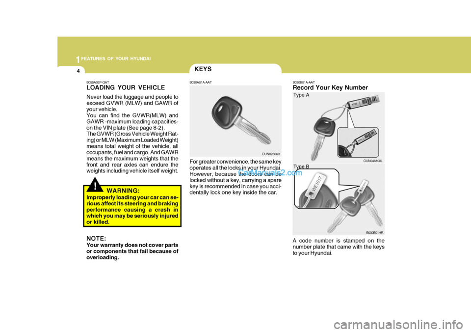 Hyundai H-100 Truck 2012 User Guide 1FEATURES OF YOUR HYUNDAI
4
B030B01A-AAT Record Your Key Number A code number is stamped on the number plate that came with the keysto your Hyundai.KEYS
B030A01A-AAT
For greater convenience, the same 