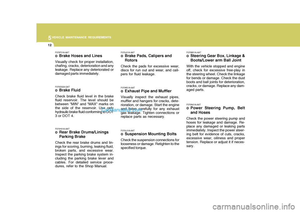 Hyundai H-100 Truck 2012 Owners Manual 5VEHICLE MAINTENANCE REQUIREMENTS
12
F070F01A-AAT
o Brake Hoses and Lines Visually check for proper installation, chafing, cracks, deterioration and any leakage. Replace any deteriorated or damaged p Hyundai H-100 Truck 2012 Owners Manual 5VEHICLE MAINTENANCE REQUIREMENTS
12
F070F01A-AAT
o Brake Hoses and Lines Visually check for proper installation, chafing, cracks, deterioration and any leakage. Replace any deteriorated or damaged p