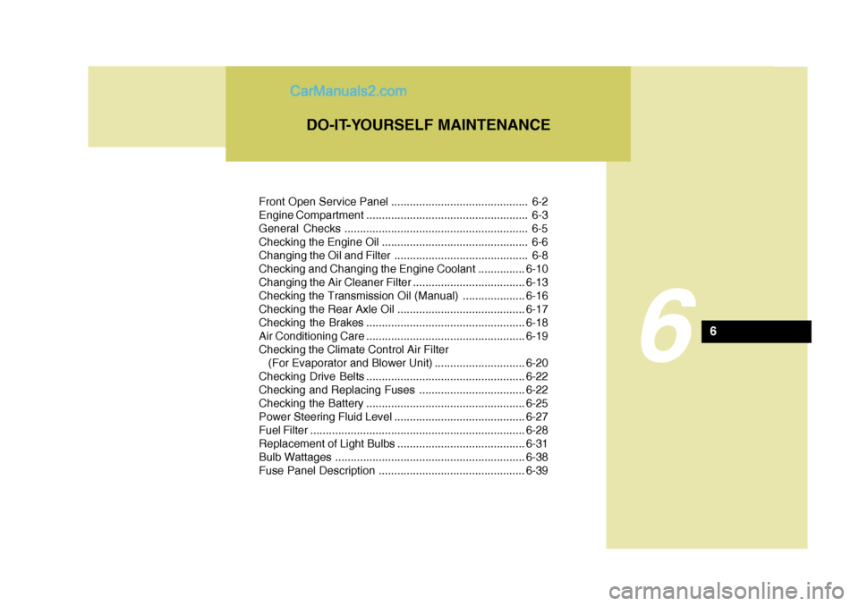 Hyundai H-100 Truck 2012  Owners Manual Front Open Service Panel ............................................ 6-2 
Engine Compartment .................................................... 6-3
General Checks ..................................