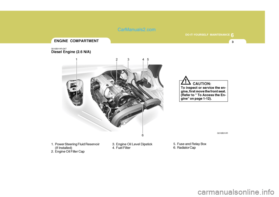 Hyundai H-100 Truck 2012 Owners Manual 6
DO-IT-YOURSELF MAINTENANCE
3ENGINE COMPARTMENT
1. Power Steering Fluid Reservoir (If Installed)
2. Engine Oil Filler Cap 3. Engine Oil Level Dipstick
4. Fuel Filter
G010B01HR-GAT Diesel Engine (2.6 Hyundai H-100 Truck 2012 Owners Manual 6
DO-IT-YOURSELF MAINTENANCE
3ENGINE COMPARTMENT
1. Power Steering Fluid Reservoir (If Installed)
2. Engine Oil Filler Cap 3. Engine Oil Level Dipstick
4. Fuel Filter
G010B01HR-GAT Diesel Engine (2.6