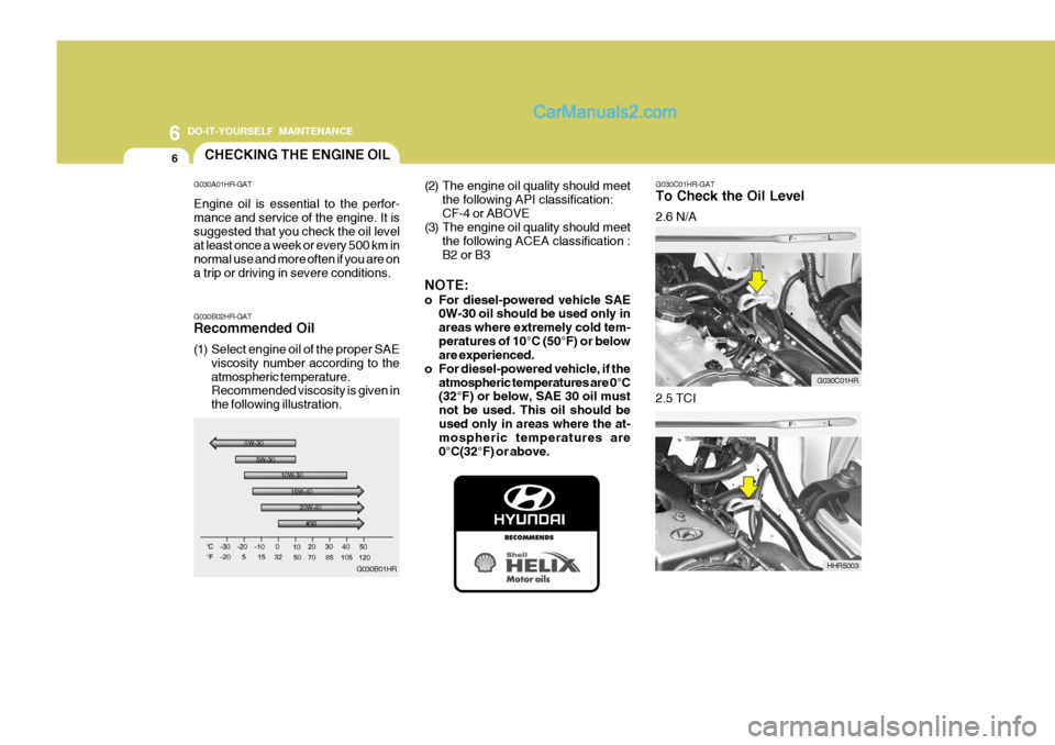 Hyundai H-100 Truck 2012 Owners Manual 6 DO-IT-YOURSELF MAINTENANCE
6
G030C01HR-GAT To Check the Oil Level 2.6 N/A
HHR5003
2.5 TCI
CHECKING THE ENGINE OIL
G030B01HR
G030B02HR-GAT Recommended Oil
(1) Select engine oil of the proper SAE
vis Hyundai H-100 Truck 2012 Owners Manual 6 DO-IT-YOURSELF MAINTENANCE
6
G030C01HR-GAT To Check the Oil Level 2.6 N/A
HHR5003
2.5 TCI
CHECKING THE ENGINE OIL
G030B01HR
G030B02HR-GAT Recommended Oil
(1) Select engine oil of the proper SAE
vis
