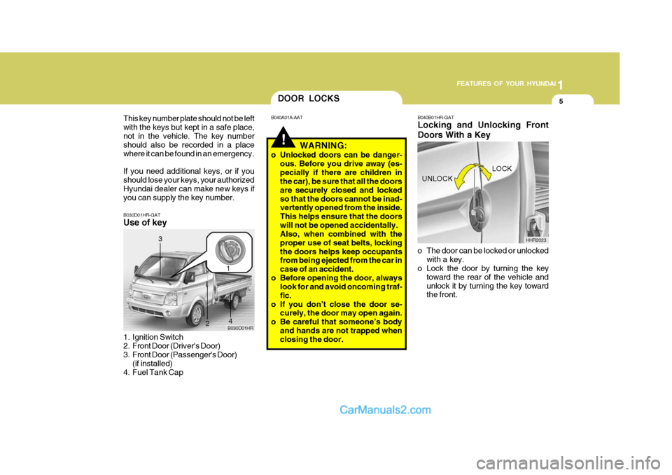 Hyundai H-100 Truck 2012 User Guide 1
FEATURES OF YOUR HYUNDAI
5
B030D01HR-GAT Use of key 
1. Ignition Switch 
2. Front Door (Drivers Door)
3. Front Door (Passengers Door)
(if installed)
4. Fuel Tank Cap B030D01HR
1
2
3
4
!
DOOR LOCKS